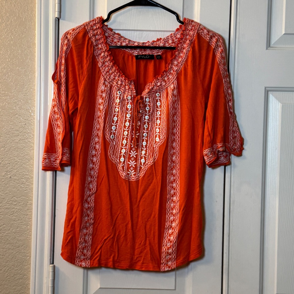 Boho Orange FYLO Embroidered Flowy Tunic Top - Split Sleeve - Size Small